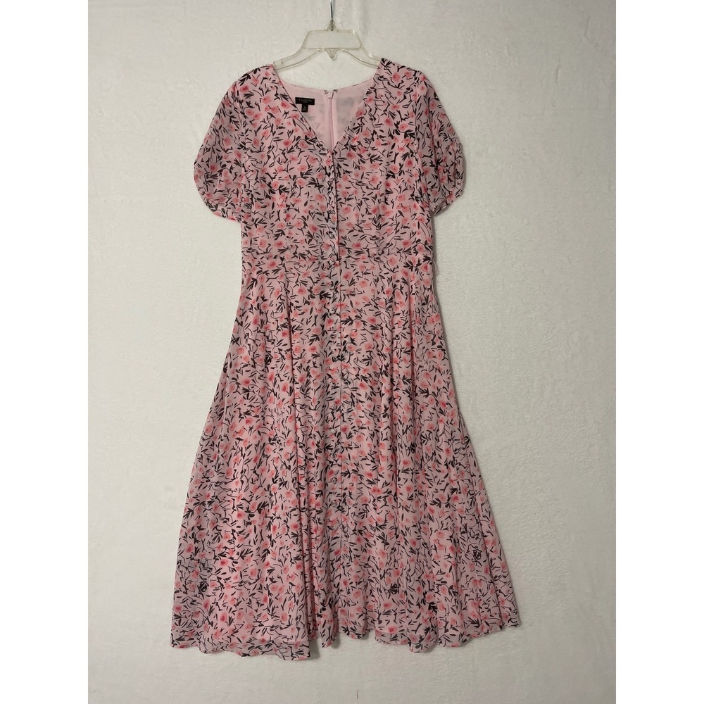 Talbots Petite Pink Floral V-Neck Puff Sleeve Midi Dress 6P Chiffon Fit & Flare